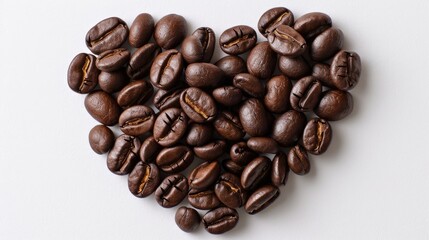 Heart-shaped arrangement of coffee beans on a white background, symbolizing love for coffee (3)