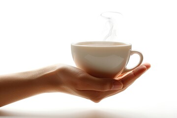 A serene hand holding a steaming cup of coffee against a bright, minimalistic background