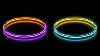 Two vibrant neon rings glow brightly in the dark