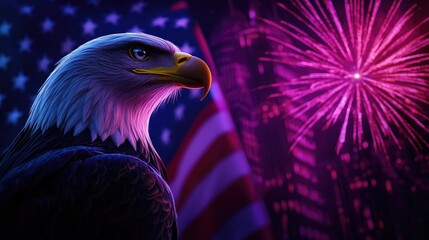 Majestic Bald Eagle with Fireworks and American Flag