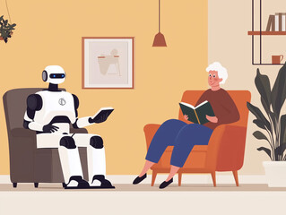 an old lady and a robot having conversation. futuristic caregiving, home assistant concept	