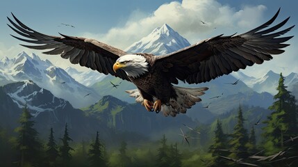 Obraz premium Majestic Bald Eagle soars above snow-capped mountains.