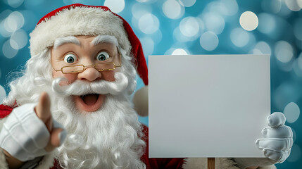 Naklejka premium Santa Claus points at blank sign, Christmas background, festive advertisement