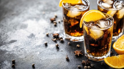 Iced cola drinks, orange slices, spices, dark background, bar menu