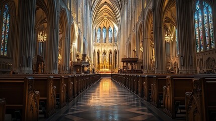 Majestic cathedral interior; sunlight streams through stained-glass windows, illuminating the aisle and pews.