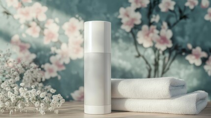 Skincare product on wooden table, floral background, spa setting, wellness ad