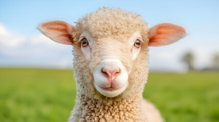 Naklejka premium Cute fluffy lamb looks directly at the camera in a sunny green pasture under a clear blue sky.