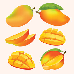 Fruit, Mango, Tropical Fruits, Set of Vector Illustrations