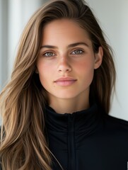 Fototapeta premium Close-up of a beautiful young woman with medium-length hair, wearing a black zip-up jacket, staring directly at the camera with a calm expression.
