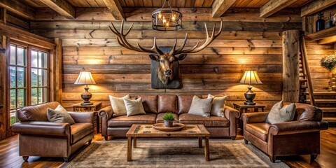 Cozy western-themed living room with a mounted moose head on the wall featuring rustic wooden furniture and earthy tones, cabin feel, natural elements