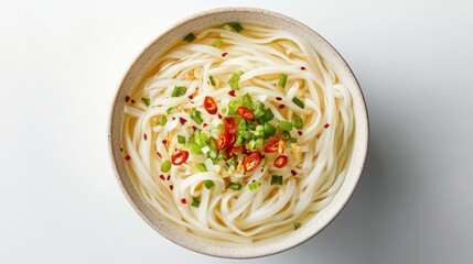 Spicy noodle soup bowl, overhead view, white background, food blog use