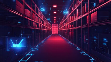 Futuristic warehouse interior with glowing shelves and digital elements, showcasing advanced technology