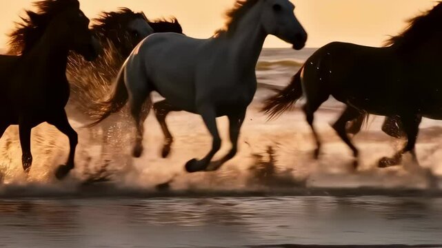A group of wild horses gallops along the shoreline, splashing through ocean waves, illuminated by the golden light of a breathtaking sunset.