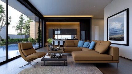 Modern living room with stylish furniture, overlooking a serene outdoor pool area, showcasing relaxation
