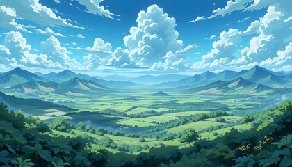 A wide-angle anime animation of a panoramic landscape with green clouds in the sky, AI-generated