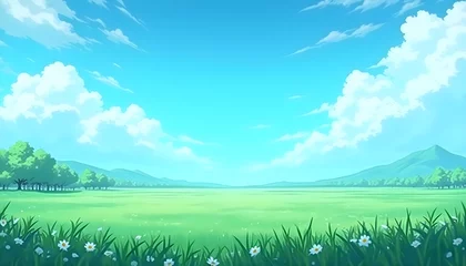 Fototapete Rund A wide-angle anime animation of a panoramic landscape with green clouds in the sky, AI-generated © Cici