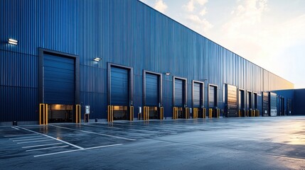 Blue warehouse exterior with loading docks at sunset