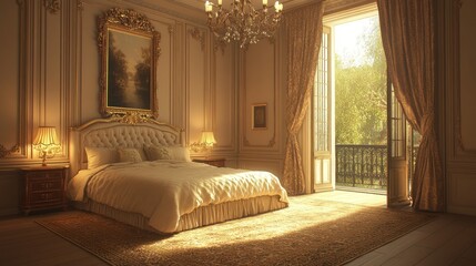 Fototapeta premium Sunlit luxury bedroom with ornate details, large bed, and French doors opening to a balcony.