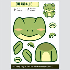 Fun frog cut and glue worksheet for children. Educational kids activity.
