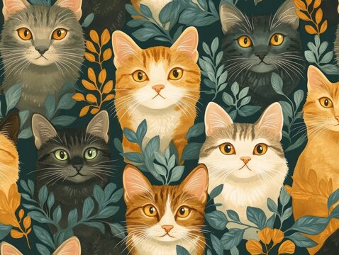 Cats foliage autumn pattern fabric design