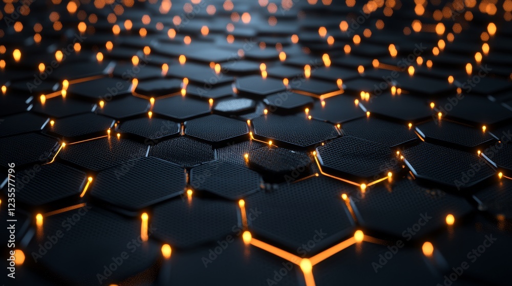 Poster illuminated hexagonal patterns digital space abstract art dark environment close-up view futuristic 