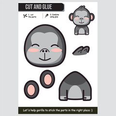 Fun gorilla cut and glue worksheet for children. Educational kids activity.
