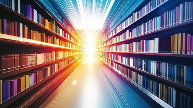 Vibrant library interior with illuminated aisles and colorful shelves showcasing a vast collection of books