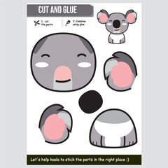 Fun koala cut and glue worksheet for children. Educational kids activity.
