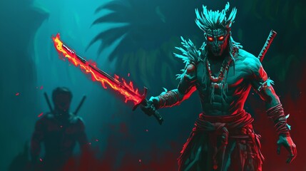 Fototapeta premium Fiery Sword Warrior Digital Art