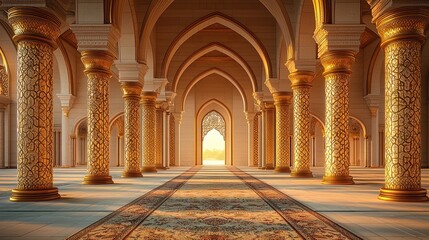 Obraz premium Grand mosque interior with ornate columns, arches, carpet, and sunset light