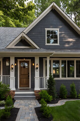 Stunning Gray Shingle House Exterior with Landscaped Garden and Stone Walkway. Beautiful Home Architecture and Design