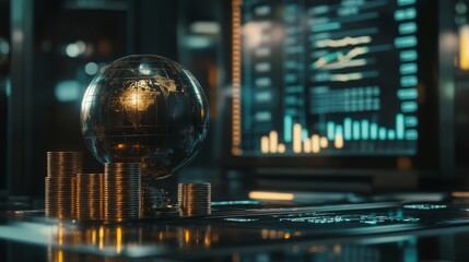 Analyzing global financial trends digital business hub infographic display high-tech environment close-up view economic insights for success