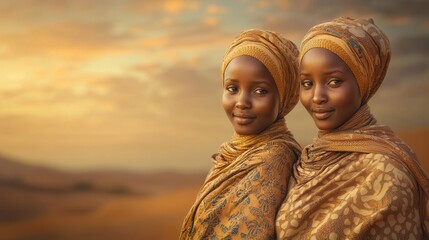 Traditional Sudanese Twins in Tobe Wraps Against Sunset Background
