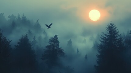 Fototapeta premium Misty forest sunrise with birds in flight.