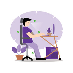 Fototapeta premium Vector illustration of how to work in front of a computer properly and orderly