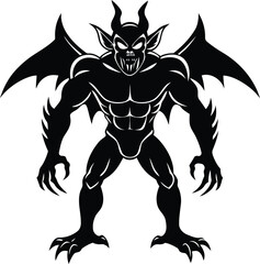 Angry Winged Demon silhouette, Winged Demon vector illustration, Winged Demon line art vector