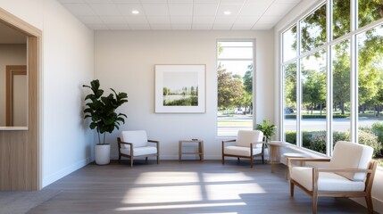 Modern waiting room interior design with sunlight streaming through large windows overlooking a tree-lined street, showcasing comfortable seating and minimalist decor, ideal for healthcare 