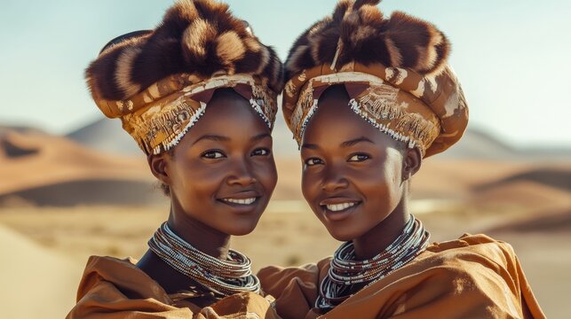 Traditional Herero Twin Women in Namibian Desert Landscape