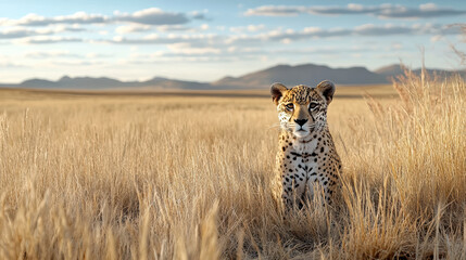majestic leopard in golden grassland under blue sky