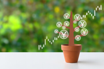 資産形成イメージ―お金のなる木と右肩上がりの株式チャート