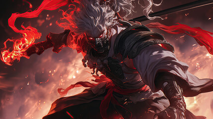 Warrior holds fire sword weapon forward fighting stance detailed grey hair red color scheme art illustration in red background