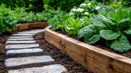 lush garden path lined with leafy greens and vibrant flowers creates serene atmosphere