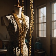 A gold chain elegantly hanging from a vintage dress form in a sunlit atelier.