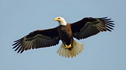 Fototapeta premium Majestic Bald Eagle in Flight Soaring Through Clear Blue Sky Stunning Wildlife Photography Nature Image Bird of Prey