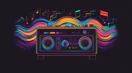 Retro boombox, vibrant waves, music notes, dark background, album art