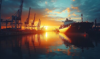 Cargo Ship at Sunset Harbor with Industrial Cranes