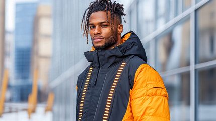 stylish man in dark streetwear inspired jacket with orange accents
