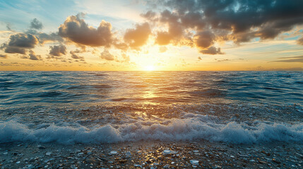 Fototapeta premium stunning ocean sunset with waves gently crashing on shore