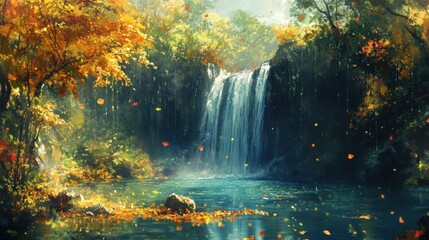 Fototapeta premium Autumn Waterfall Landscape Tranquil scene, falling leaves, forest backdrop; perfect for nature calendars