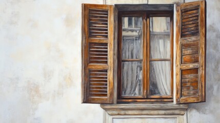 Fototapeta premium Open window, old building, city view, quiet street